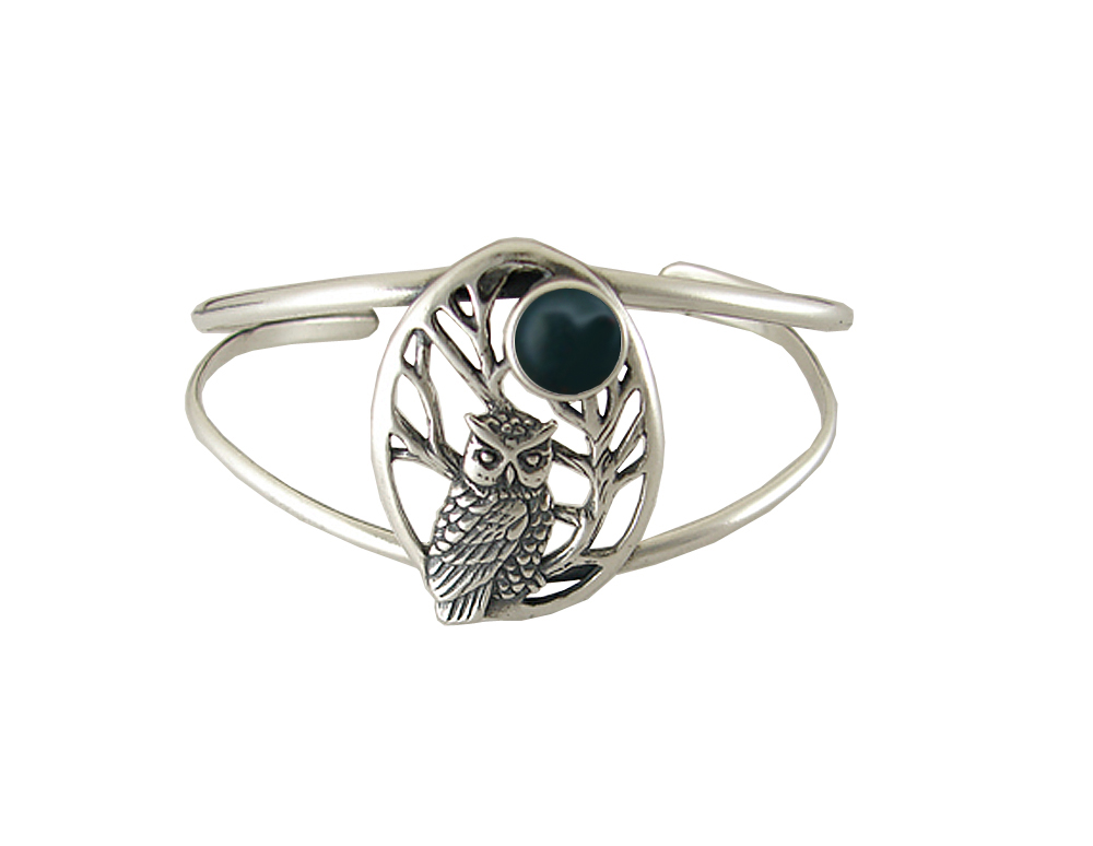 Sterling Silver Owl of the Dark Night Cuff Bracelet with Rainbow Moonstone